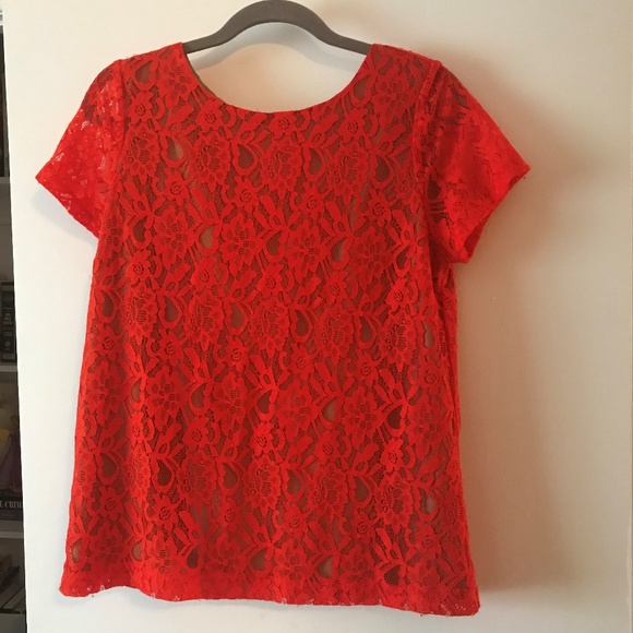 Lace top lined flesh tone body/sheer sleeves L - Picture 1 of 3